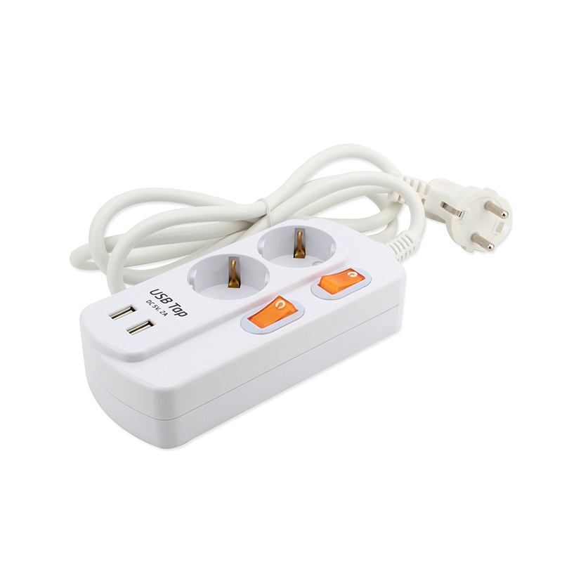 1.5m 2 Outlet Soket Standar UE dengan 2 port USB dan 2 sakelar individual 1.5m 2 Outlet Soket Standar UE dengan 2 port USB dan 2 sakelar individual
